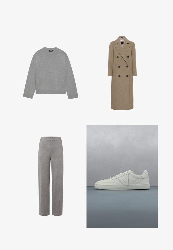 Manteau croisé en mélange de laine beige, doté de six boutons noirs, de revers crantés et d'une silhouette longue et droite.; Pull en maille gris avec des manches longues, un col rond et un ourlet côtelé. Fabriqué en matériau doux, il présente un design minimaliste sans motifs.; Pantalons gris en mélange de laine à jambes droites, taille haute, sans poches ni fermetures visibles.; Baskets en cuir blanc à lacets flottant au-dessus d'un bloc de bois et d'une surface extérieure en cailloux, plante verte floue et pierre en arrière-plan.