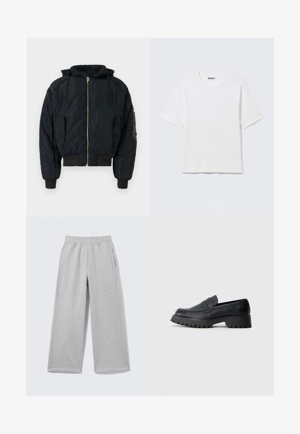 Black padded bomber jacket with a hood, zippered front, and ribbed cuffs. Features two side pockets and one sleeve pocket for storage.; Plain white short-sleeve crew neck t-shirt with a small "WEEKDAY" label on the inside back collar, displayed on a flat surface.; Light gray wide-leg sweatpants with an elastic waistband and side pockets displayed on a plain background.; Black leather loafers with a rounded toe, featuring a decorative strap and a chunky rubber sole with deep treads for traction.