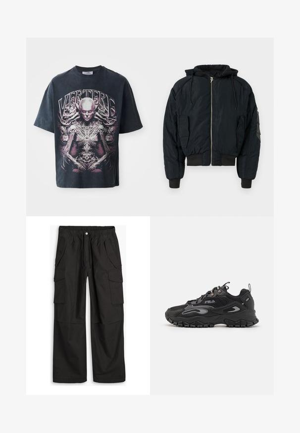 Schwarze gepolsterte Bomberjacke mit Kapuze, Reißverschluss vorne und gerippten Bündchen. Verfügt über zwei Seitentaschen und eine Ärmeltasche zur Aufbewahrung.; Schwarzes T-Shirt aus Baumwolle mit einem großen pink-weißen Design einer humanoiden Figur, die über komplexe Details verfügt, sowie dem Text "VERTERE."; Schwarze Cargo-Hose mit elastischem Taillenbund, Knopf- und Reißverschluss, sowie mehreren aufgesetzten Taschen mit Knöpfen an der Vorder- und Seitenseite.; Schwarze Sneaker mit einem Obermaterial aus Mesh und Synthetik, Gummisohle, abgerundeter Zehenpartie und reflektierenden Akzenten an den Seiten und Schnürsenkeln.