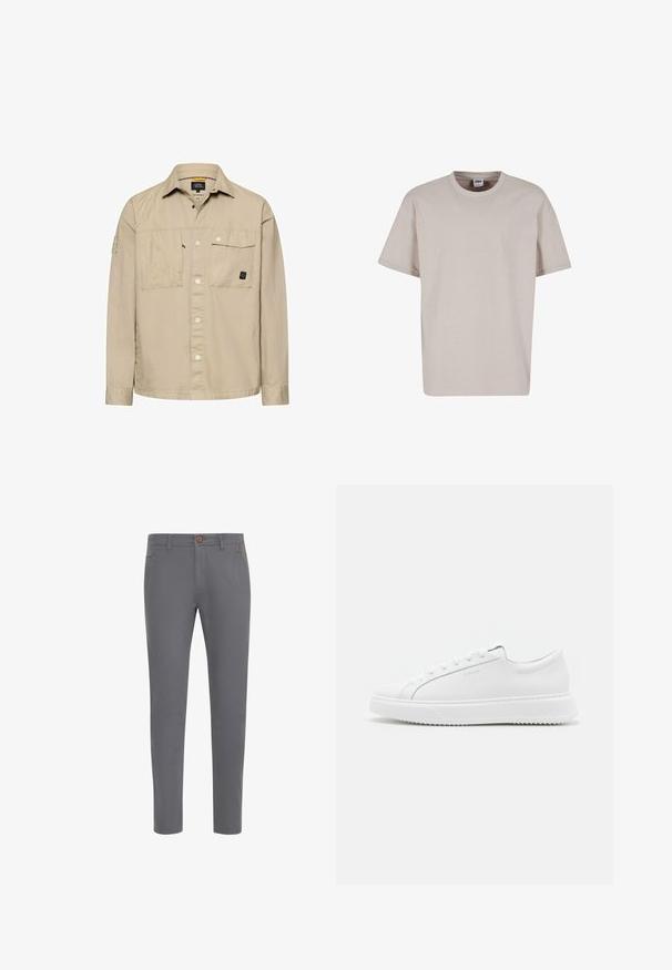 Beige langärmeliges Hemd zum Knöpfen mit zwei Brusttaschen vorne, einer Klappentasche mit Druckknöpfen und einem Kragen.; Urban Classics CUFF TEE - T-Shirt basic - cloud; Graue Baumwollhosen mit einer taillierten Passform, ausgestattet mit einem Knopfverschluss, normalen Taschen und einer glatten Textur.; Weiße Sneakers aus glattem synthetischem Material. Sie verfügen über ein niedriges Design, eine erhöhte weiße Sohle, eine abgerundete Zehenpartie und eine Schnürung mit fünf Ösen.
