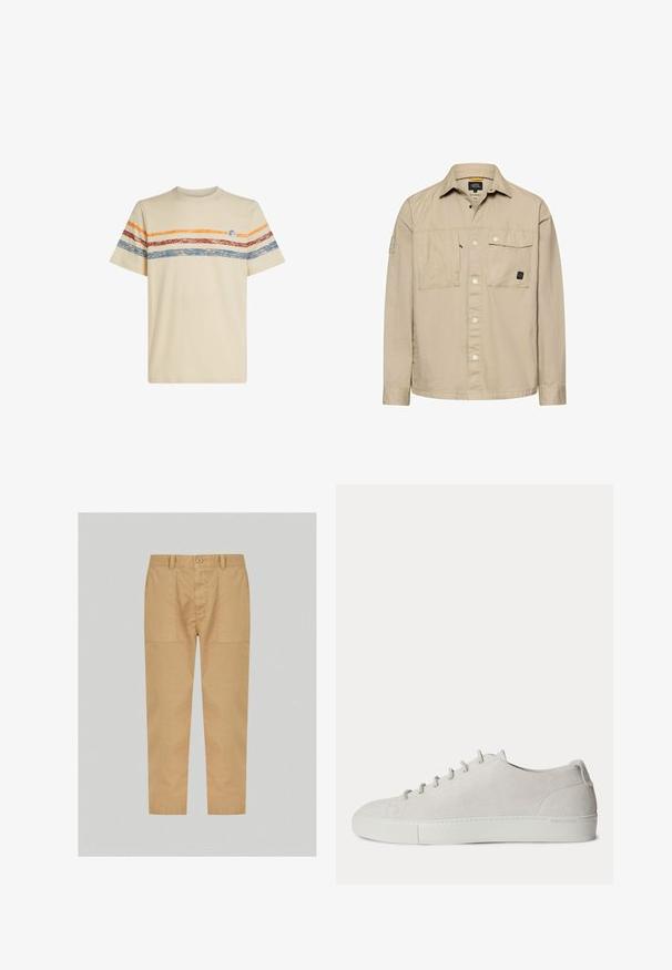 Beige overhemd met lange mouwen en knopen, voorzien van twee borstzakken aan de voorkant, waarvan één met klep en drukknopen, en een kraag.; Crème katoenen t-shirt met horizontale strepen in oranje, rood en blauw. Korte mouwen, ronde halslijn en een klein logo detail op de borst.; Beige katoenen broek met een rechte pasvorm, sluiting met een knoop aan de voorkant en twee grote zijzakken; gladde textuur en zonder patronen.; Witte lage suède sneaker met veters aan de voorkant en rubberen zool, minimalistisch ontwerp.