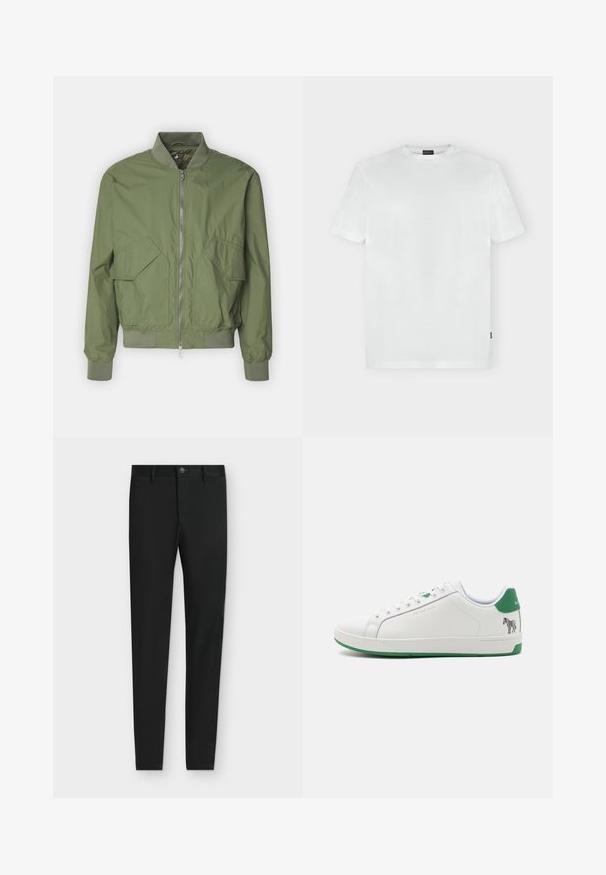 Save the duck MYLES - Blouson Bomber - dusty olive; T-shirt blanc à manches courtes avec col rond, avec un logo subtil sur la poitrine gauche et une petite étiquette noire sur la couture latérale gauche.; Pantalon noir coupe slim avec passants de ceinture, fermeture boutonnée et poches avant, présenté à plat sur un fond gris clair.; Baskets en cuir blanc avec des accents verts et un motif zèbre à l'arrière. Présentent des lacets plats et une semelle en caoutchouc légèrement texturée.