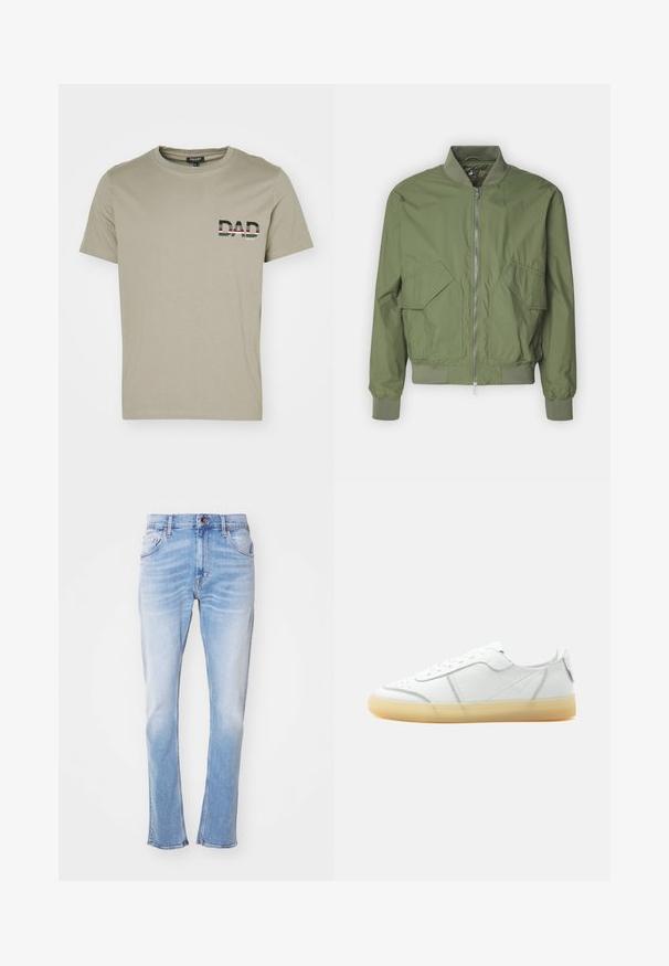 Save the duck MYLES - Bomberjakke - dusty olive; Olivengrøn bomulds t-shirt med rund hals og korte ærmer; har ordet "DAD" i sort og hvidt med stribede accenter på brystet.; Lysblå jeans lavet af denim, med lige ben, subtilt slid, fem lommer og knaplukning. Ingen synlige mønstre eller udsmykninger.; Hvid lavtop læder sneaker med beige gennemsigtig sål, snørelukning foran og minimal syning, vist fra siden mod en ensfarvet baggrund.