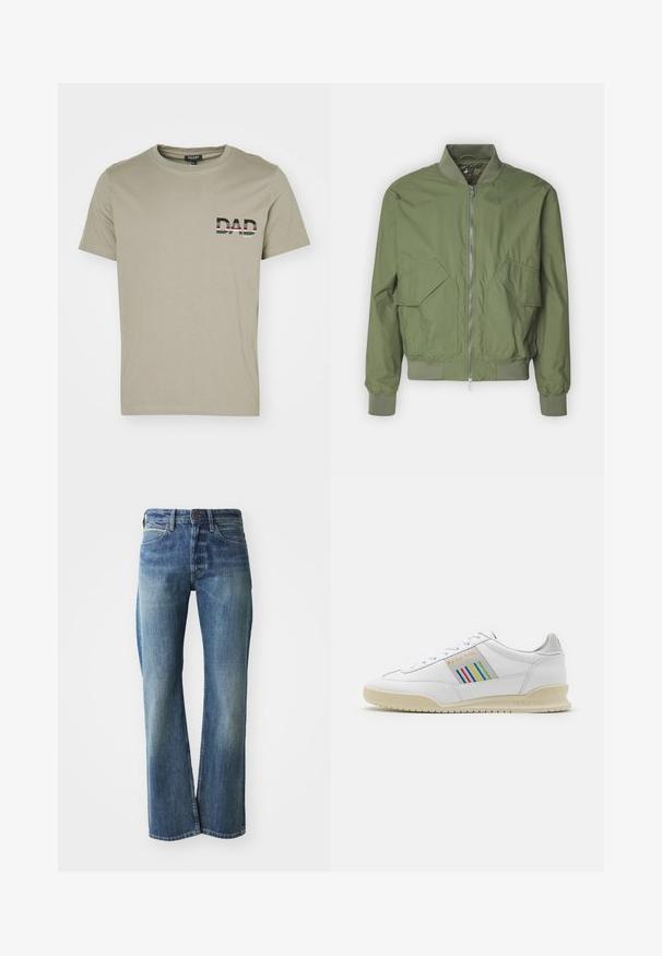 Save the duck MYLES - Bomberjakke - dusty olive; Olivengrøn bomulds t-shirt med rund hals og korte ærmer; har ordet "DAD" i sort og hvidt med stribede accenter på brystet.; Denim jeans med en lys til mellemblå farve, lige ben skæring, klassisk fem-lommer design og subtil falmning foran.; Hvide lædersneakers med en cremefarvet sål, multicolor stribede detaljer på siden og "PS Paul Smith" branding i guld.