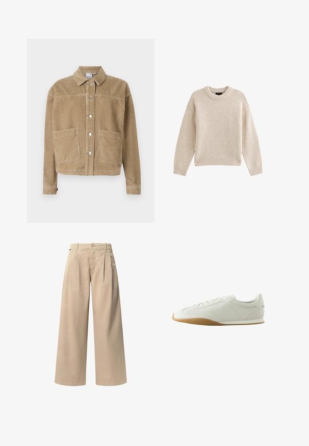 Veste en velours côtelé marron avec un col, réversible à boutons, deux poches avant et texture côtelée.; Pull en tricot beige à col rond, à manches longues et avec un ourlet côtelé. Tissu texturé au toucher doux. Design simple et polyvalent.; Pantalons larges beiges avec deux plis sur le devant, une fermeture à bouton et une texture lisse. Conçus pour le confort et une coupe ample.; Baskets basses blanches avec semelle en caoutchouc marron, détails de couture, fermeture à lacets à l'avant et logo brodé sur le côté.