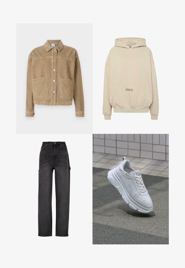 Veste en velours côtelé marron avec un col, réversible à boutons, deux poches avant et texture côtelée.; Sweat à capuche beige avec une poche avant, des poignets côtelés et une capuche à cordon. Texte "PECADOR PGDR" imprimé sur la zone de la poche.; Jean cargo taille haute en denim noir avec une coupe large, poches latérales et détails de décoloration subtils. Tissu durable et coutures contrastantes.; Basket en cuir blanc avec une semelle en caoutchouc épaisse et texturée, dotée d'un laçage et de détails de couture. Design à bout rond et soutien de la cheville.