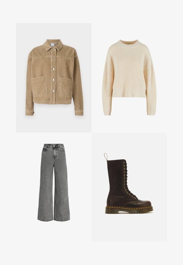 Bruine corduroy jas met een kraag, knopen sluiting, twee voork pocketen en ribbelstructuur.; Crèmekleurige gebreide trui met een hoge geribde kraag, brede mouwen en een textuurpatroon over het gehele kledingstuk. Verkorte stijl met een geribde zoom.; Grijze denim jeans met hoge taille, wijde pijpen, voorste knoopsluiting, ritssluiting en ontwerp met vijf zakken.; Hoge donkerbruine leren veterlaars met gele stiksels, dikke geribbelde zool en treklus aan de achterkant.