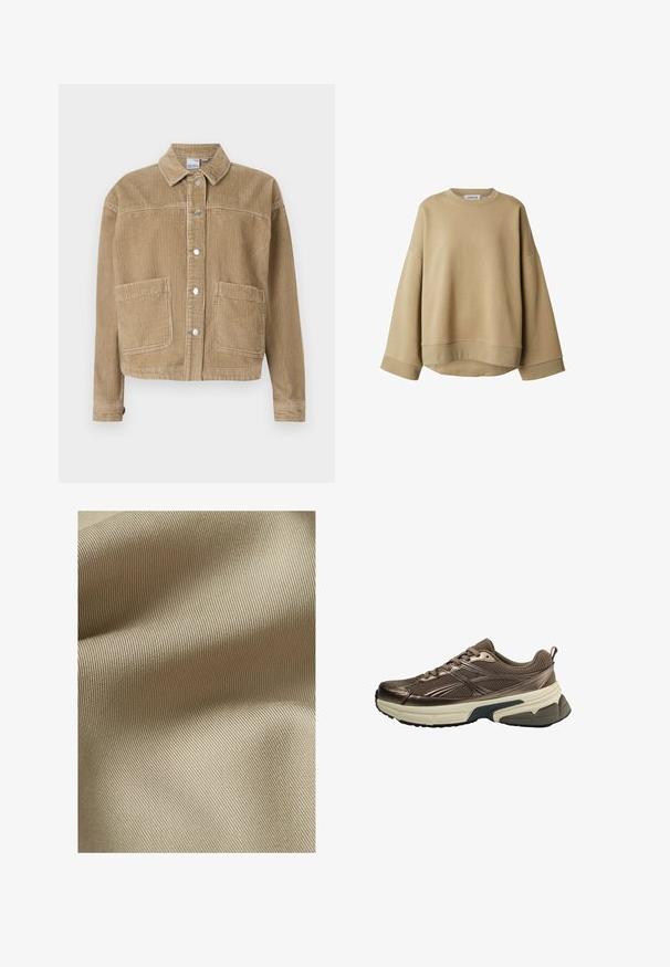 Bruine corduroy jas met een kraag, knopen sluiting, twee voork pocketen en ribbelstructuur.; Beige sweatshirt gemaakt van zachte stof, met een losse pasvorm, verlaagde schouders en een geribbelde halslijn en manchetten. Eenvoudig, minimalistisch ontwerp.; Beige gestructureerde stof met een fijn, ribbelpatroon. Het materiaal lijkt glad met een subtiele glans en valt zacht in plooien.; Bruine mesh sportschoen met beige dikke zool en zwarte profiel, gedetailleerde zijstrepen en veters, gezien vanaf de buitenkant.