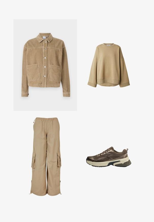 Bruine corduroy jas met een kraag, knopen sluiting, twee voork pocketen en ribbelstructuur.; Beige sweatshirt gemaakt van zachte stof, met een losse pasvorm, verlaagde schouders en een geribbelde halslijn en manchetten. Eenvoudig, minimalistisch ontwerp.; Beige cargobroek met een elastische tailleband, twee zijzakken en netaccenten; gemaakt van lichtgewicht, gestructureerde stof.; Bruine mesh sportschoen met beige dikke zool en zwarte profiel, gedetailleerde zijstrepen en veters, gezien vanaf de buitenkant.