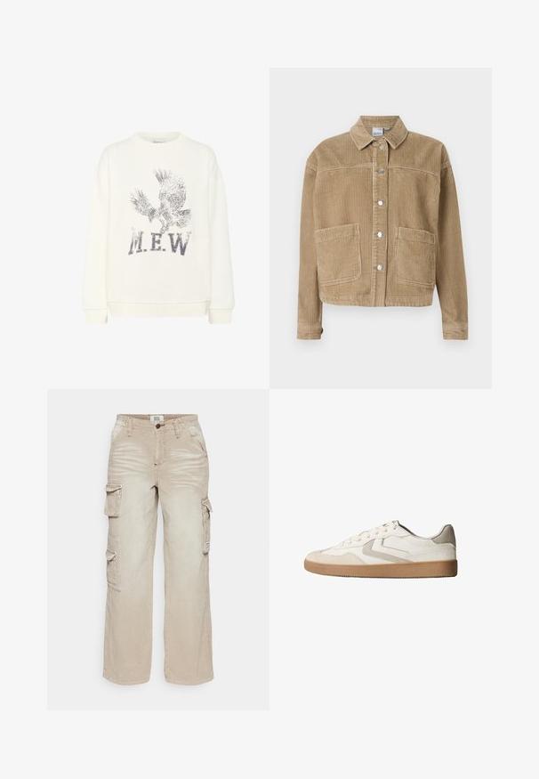 Veste en velours côtelé marron avec un col, réversible à boutons, deux poches avant et texture côtelée.; My Essential Wardrobe MWDIEGO EAGLE Sweatshirt - Sweatshirt - snow white; BDG Urban Outfitters PANTS - Pantalon cargo - stone; Baskets blanches avec une tige en cuir texturé, des accents gris et une semelle en caoutchouc gomme. Conception basse et fermeture à lacets traditionnelle.