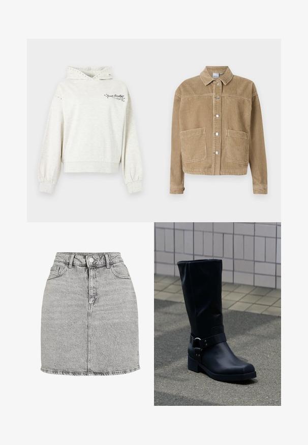Veste en velours côtelé marron avec un col, réversible à boutons, deux poches avant et texture côtelée.; Sweat à capuche gris clair avec œillets métalliques sur la capuche et les manches, portant le texte « Sweet Goodbye » et des accents d'étoiles sur la poitrine.; Jupe en denim gris à taille haute, avec une fermeture à boutons sur le devant et deux poches latérales. Présente un ourlet effiloché et une texture légèrement délavée.; Botte en cuir noire mi-mollet avec un petit talon bloc et une bride décorative avec boucle métallique autour de la cheville, sur un trottoir carrelé.