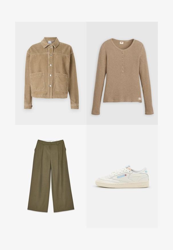 Brun kordfløjljakke med krave, knaplukning, to frontlommer og ribbet tekstur.; Beige henley-shirt i vaffelstrik med lange ærmer, rund halsudskæring og fem-knaps lukning, vist fladt mod hvid baggrund.; Bredde bukser i olivengrønt stof med en struktureret overflade, der har frontfolder og et højt livdesign. Ingen synlig hardware.; Reebok sneakers i off-white læder med lyseblå detaljer. Har perforeret tå, flade snørebånd og tekstureret gummisål.