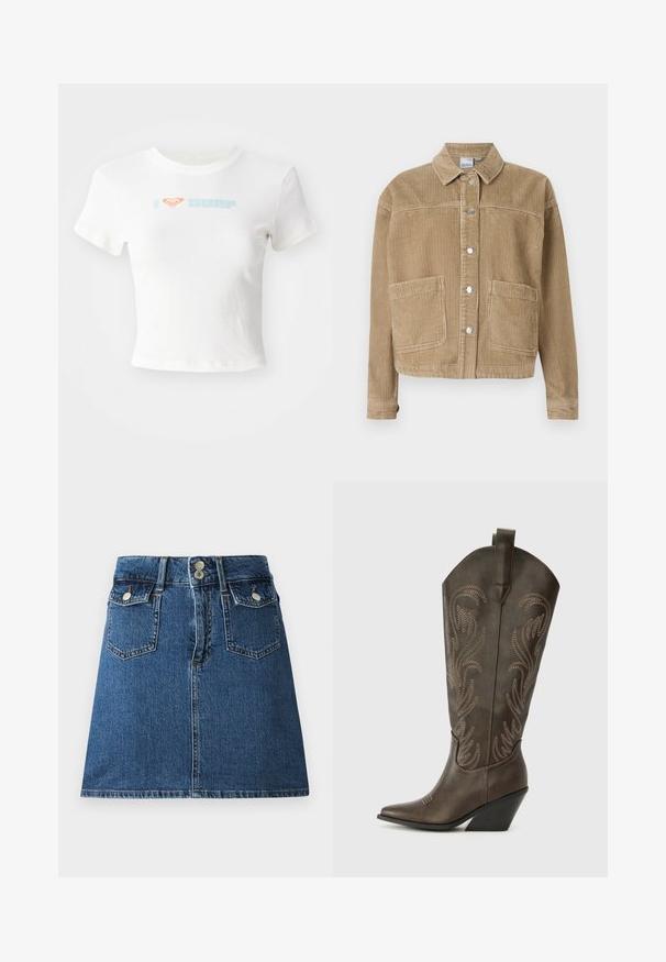 Brun kordfløjljakke med krave, knaplukning, to frontlommer og ribbet tekstur.; Hvid cropped t-shirt lavet af bomuld med et orange hjerte og "SURF" i lyseblåt print på forsiden. Korte ærmer, rund hals.; Denim nederdel i dyb blå, med en tætsiddende talje, to forlommer, to baglommer og sølvfarvede knaplukninger.; Brune læder cowboystøvle med spids tå, kilehæl og dekorativ broderi. Har en høj stok og en trækflap.