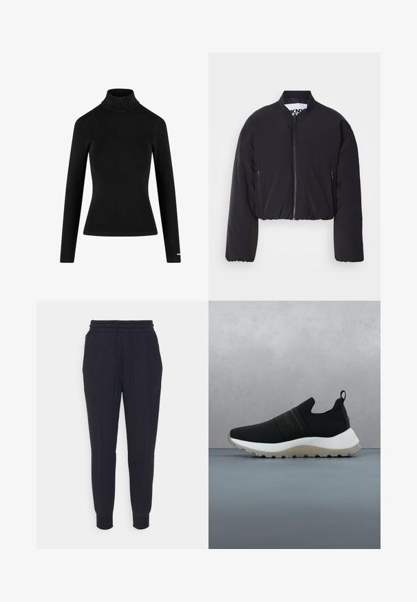 Sort kort bomberjakke i glat stof, med lynlås foran, to sidelommer med lynlås, ribbede kanter og uden synlige mønstre eller pynt.; Sort ribbet langærmet turtleneck med en lynlås i kraven og tætsiddende silhuet, lavet af et blødt, strækbart stof. Minimalistisk design.; Sorte sweatpants lavet af blødt stof, med en elastisk talje og snor, tapered ben og sidelommer. Glat tekstur.; Sort slip-on træningssko med hvid sål og tekstureret greb, svævende over en trætæppeflise ude i det fri nær grønne planter.