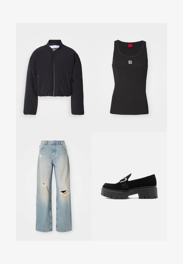Zwarte cropped bomberjack, gladde stof, ritssluiting aan de voorkant, twee met rits afsluitbare zijzakken, geribbelde zoom, zonder zichtbare patronen of versieringen.; Zwarte tanktop van katoen met een ronde halslijn en zonder mouwen. Voorzien van een wit "HUGO" logo in het midden. Eenvoudig en aansluitend ontwerp.; Lichtblauwe rechte spijkerbroek met hoge taille, riemlussen en versleten scheuren op de linker bovenbeen, rechterknie en onder linkerpijp.; Zwarte suède loafer met stevige profielzool, zilveren gespsluiting en geperst "HUGO" op de zijriem, weergegeven vanaf de buitenkant.