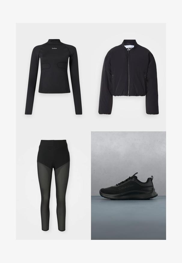 Blouson bomber noir court, tissu lisse, fermeture éclair frontale, deux poches latérales zippées, ourlet côtelé, sans motifs ni ornements visibles.; Haut ajusté à manches longues noir avec col montant et logo "LeGer" blanc centré sur la poitrine, le tout sur fond blanc.; Leggings noirs taille haute avec des panneaux en maille semi-transparente sur les cuisses avant et les jambes inférieures, design sans couture, silhouette ajustée.; Baskets noires Calvin Klein à semelle épaisse flottant au-dessus de dalles en bois avec de petits cailloux, mur flou et végétation en arrière-plan.