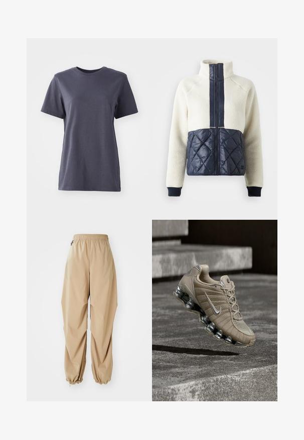 Veste en polaire avec une partie supérieure blanche et une partie inférieure en nylon bleu marine matelassée. Elle dispose d'un col haut, d'une fermeture éclair à l'avant et de poignets côtelés.; T-shirt à manches courtes en coton gris foncé, design col rond, texture lisse, ourlet droit, sans motifs ni détails matériels visibles.; Pantalons légers beige avec une taille élastique, des poignets effilés et une texture lisse, présentant une coupe décontractée et sans motifs ni embellissements visibles.; Chaussure de running Nike beige avec des accents argentés et une semelle ressort en suspension au-dessus d'escaliers en béton dans une lumière tamisée.