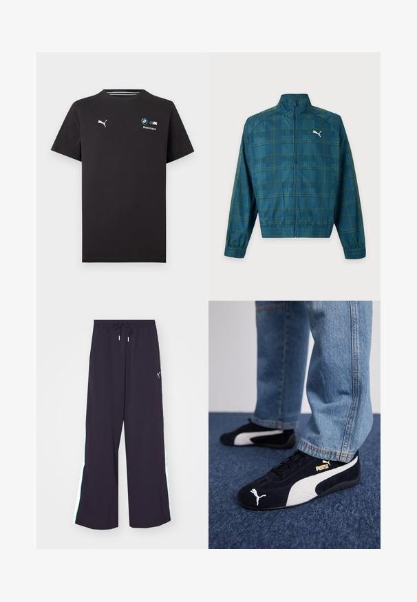Τζάκετ με φερμουάρ σε τυρκουάζ μπλε χρώμα με πράσινο καρό μοτίβο, ελαστικές μανσέτες και τελείωμα, ψηλό γιακά και λευκό λογότυπο Puma στο αριστερό στήθος.; Μαύρο κοντομάνικο μπλουζάκι με λογότυπο Puma στο αριστερό στήθος και λογότυπο BMW Motorsport στο δεξί στήθος.; Μαύρο παντελόνι με φαρδιά γραμμή από ελαφρύ ύφασμα. Διαθέτει ελαστική ζώνη με κορδόνι και αντίθετες πράσινες ρίγες στα πλάγια με λογότυπο.; Μαύρα σουέτ αθλητικά παπούτσια με λευκές λεπτομέρειες, featuring χρυσό λογότυπο. Φορεμένα με ανοιχτό μπλε τζιν παντελόνι και τοποθετημένα σε μια υφή μπλε επιφάνειας.