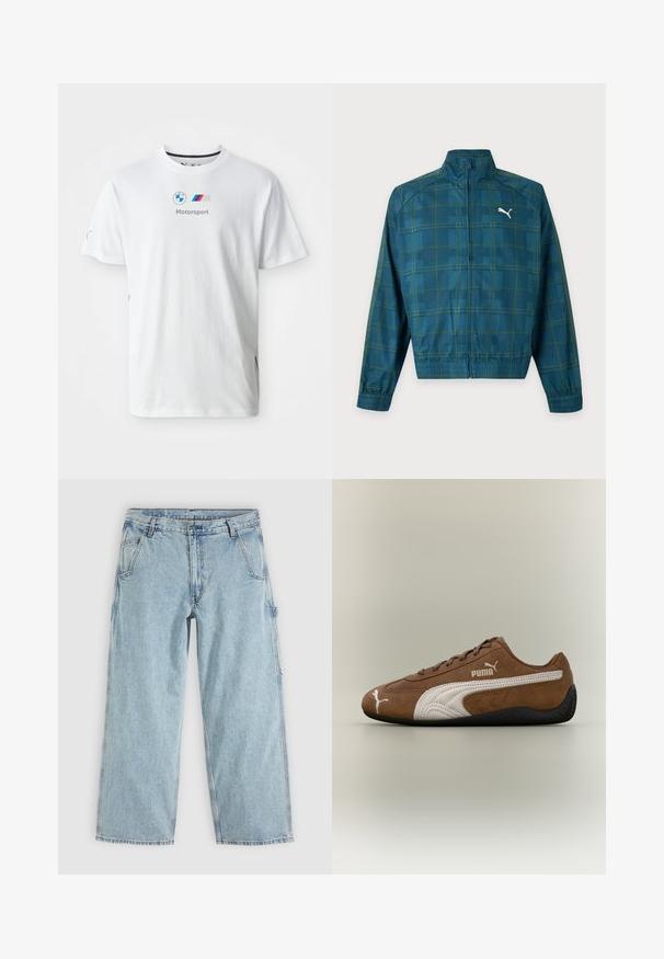 Turkisblå lynlåstrøje med grønt ternet mønster, elastiske manchetter og kant, høj krave og hvid Puma-logo på venstre bryst.; Hvid bomulds t-shirt med BMW-logoet, "Motorsport" tekst i grå og farverige accenter på siderne. Kortærmet og med rund halsdesign.; Lyseblå straight-leg denim jeans med forlommer, bæltestropper, knaplukning og en sidelomme til værktøj.; Brun ruskindsneaker med hvide accenter og tekstureret design. Har en sort gummisål og et fremtrædende Puma-logo på siden.