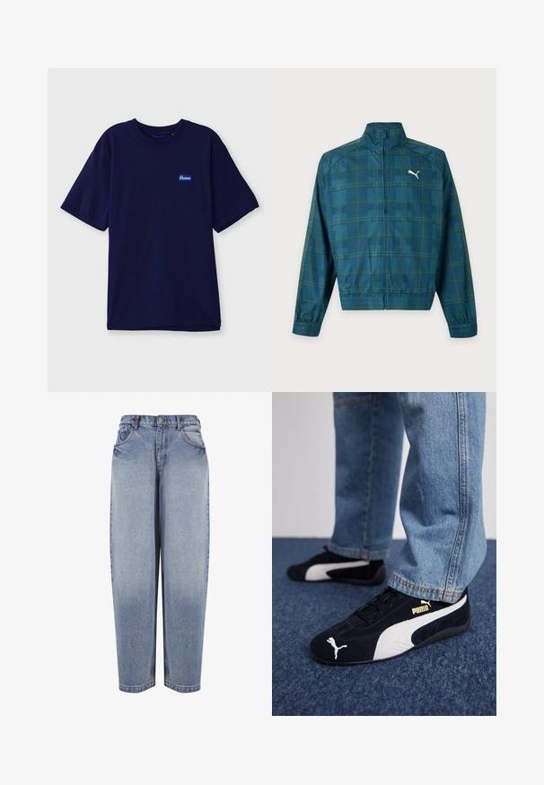 Türkisblauer Reißverschluss-Pullover mit grünem Karomuster, elastischen Bündchen und Saum, hohem Kragen und weißem Puma-Logo auf der linken Brust.; Hemd aus navyblauem Baumwollstoff mit Rundhalsausschnitt, kurzen Ärmeln und einem kleinen rechteckigen Markenetikett in Blau und Weiß auf der linken Brust.; High-waisted, locker sitzende blaue Jeans mit Vordertaschen, Gürtelschlaufen, Knopfverschluss und ausgebleichten Details entlang der Beine.; Schwarze Wildledersneaker mit weißen Akzenten und einem goldenen Logo. Getragen mit hellblauen Jeans und auf einer strukturierten blauen Oberfläche platziert.