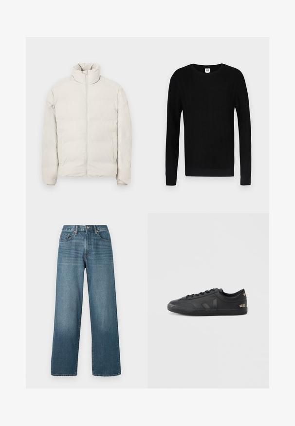 Puffjakke i lys beige, med høj krave, fuld frontlynlås og sidelommer. Stoffet fremstår glat med en polstret tekstur.; Sort sweater med ribbet tekstur, rund hals og lange ærmer. Har et ensfarvet design og smalle manchetter ved ærmer og talje.; Bredde ben mørkeblå denim jeans med knaplukning, bæltestropper og en falmet struktur. Har fem lommer og kontrastsyninger.; Sorte sneakers i læder med tekstureret overflade, rund tå, snørelukning og diskret branding på siden og hælen.