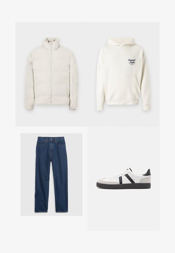 Een lichtbeige pufferjack, met een hoge kraag, een volledige ritssluiting aan de voorkant en zijzakken. De stof lijkt glad met een gewatteerde textuur.; Crème-kleurige hoodie gemaakt van zachte stof, met een voorzak, ribgebreide manchetten en een klein geborduurd logo op de borst.; Donkerblauwe denim jeans met een rechte pasvorm, voorzien van vijf zakken, een bovenste knoop en koperen klinknagelaccenten.; Witte sneaker met zwarte en grijze accenten, voorzien van een grijze neus met textuur, zwarte rubberen zool en platte witte veters. Schoon ontwerp, minimalistische stijl.