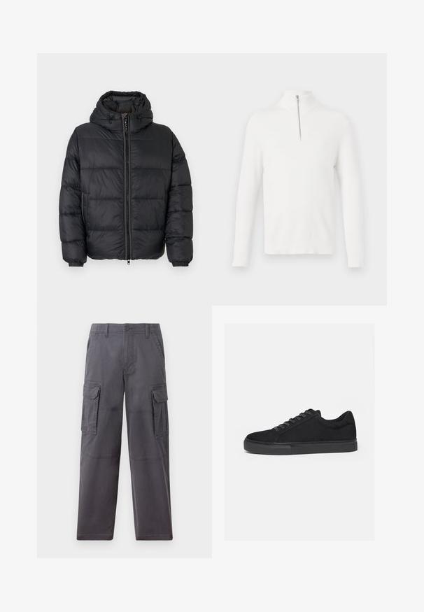Sort puffer-jakke med lynlås foran, hætte og elastiske manchetter. Har horisontale sømmede paneler til isolering. Glat, skinnende stof.; Hvid, ribbet strikpullover med lange ærmer og høj hals. Har en sølvfarvet lynlåsåbning foran. Blød tekstur og tætsiddende pasform.; Hollister Co. SKATER BAGGY - Cargobukser - grey; Sort lavtop sneaker med snørelukning foran og flad gummisål, vist fra siden på en hvid baggrund.