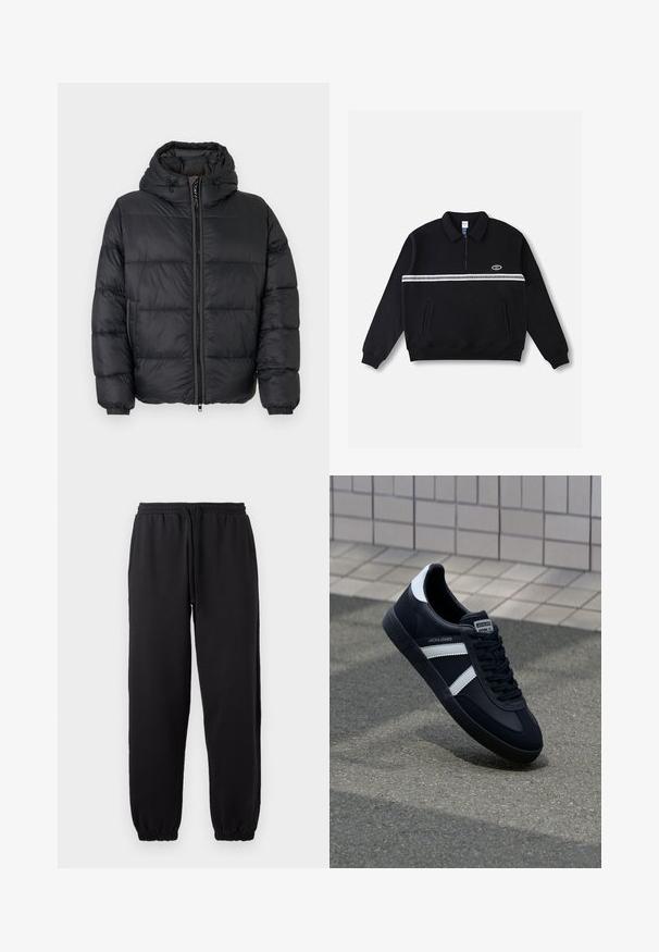 Chaqueta acolchada negra con cremallera frontal, capucha y puños elásticos. Presenta paneles cosidos en horizontal para aislamiento. Tejido suave y brillante.; Sudadera negra de forro polar con cremallera en el cuello, franja horizontal blanca en el pecho y dos bolsillos delanteros. Tejido suave y texturizado.; Pantalones jogger negros hechos de una tela suave, con cintura elástica y cordón ajustable, y dobladillos en los tobillos.; Zapatilla de cuero negra con rayas blancas, suela de goma texturizada y parte frontal con cordones. Cuenta con una etiqueta de marca en la lengüeta.