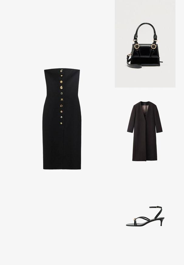 Lang, donkerbruin jasje met een V-hals, rechte snit en driekwartmouwen. Gladde textuur met minimalistisch ontwerp en geen zichtbare hardware.; Zwarte strapless jurk met een getailleerde silhouet, met een frontsluiting met goudkleurige decoratieve knopen in het midden.; Zwarte sandalen met bandjes, lage kittenhak, enkelriempje met gesp en een klein gouden decoratief accent op het voorste riempje.; Zwarte handtas van lakleer met gouden accenten, dubbele handvatten aan de bovenkant en een verstelbare schouderband. Gestructureerd ontwerp met accentstiksels.