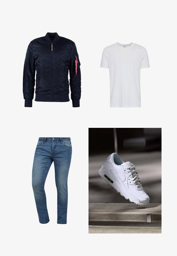 Marine Bomberjacke aus glattem Nylon, mit gerippten Bündchen und Saum, einem Frontreißverschluss und einer Seitentasche mit einem roten Stoffetikett.; Schlichtes weißes T-Shirt mit kurzen Ärmeln und Rundhalsausschnitt, präsentiert auf weißem Hintergrund, mit einem kleinen Nackenetikett, das die Marke „Solid“ zeigt.; Schmale, blaue Denim-Jeans mit verblasster Waschung, fünf Taschen-Design und einem Metallknopfverschluss. Der Stoff weist eine leichte Textur und Stickdetails auf.; Weiße Lederturnschuhe mit strukturierten Oberflächen, gepolstertem Kragen und sichtbarer Luftpolsterung in der Sohle. Verfügt über Schnürsenkel und ein minimalistisches Design.