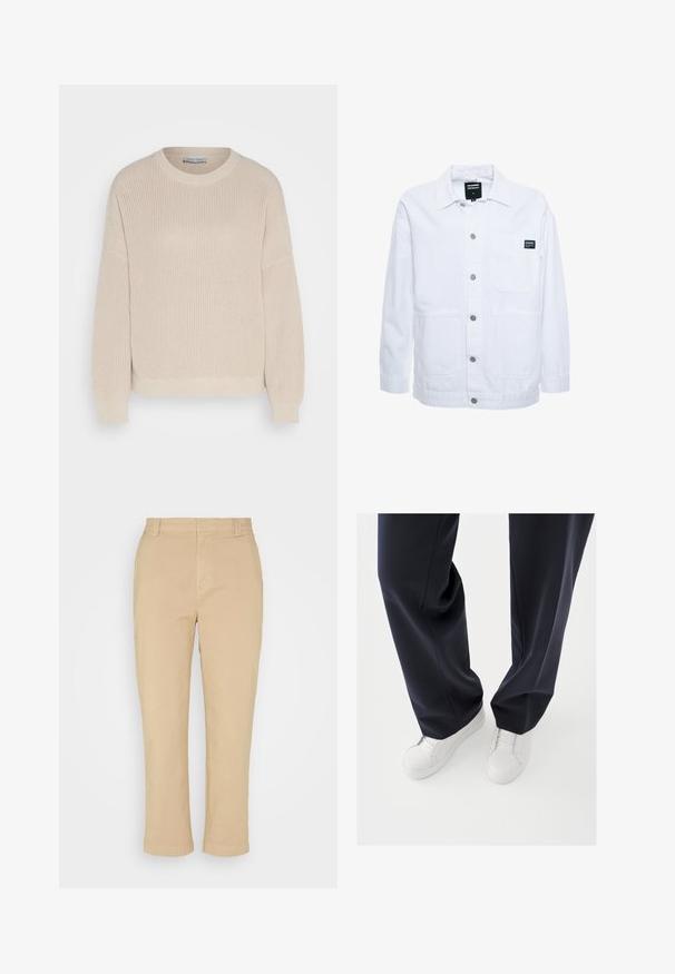 Dr.Denim INA WORKER - Let jakke / Sommerjakker - white; Anna Field by Zalando Striktrøje - grey; Khaki chinos med lige snit, lavet af let bomuld, med en glat tekstur, bæltestropper og en mellem høj talje.; Hvide sneakers med teksturerede gummisåler og flade snørebånd, kombineret med mørkeblå bukser i løs, glat stof og skræddersyet pasform.