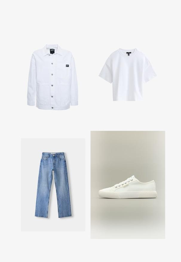 Dr.Denim INA WORKER - Lichte jas - white; Effen witte cropped T-shirt met korte mouwen, een ronde hals en een zwart merkembleem aan de binnenkant van de kraag.; Lichtblauwe denim jeans met een rechte pasvorm, voorzien van vijf zakken, een knoopsluiting aan de voorkant en subtiele vervaging voor textuur.; Witte lage canvas sneaker met een getextureerde rubberen zool, witte veters en een klein Calvin Klein-label aan de zijkant.