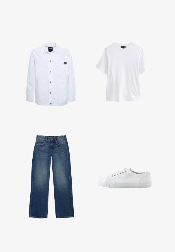 Dr.Denim INA WORKER - Veste légère - white; T-shirt blanc uni à manches courtes et col rond avec une étiquette noire à l'intérieur du col sur fond blanc.; Jean en denim bleu à jambes larges avec une finition délavée, doté de cinq poches, d'une fermeture frontale par bouton et de détails de coutures visibles.; Baskets basses blanches en toile avec lacets blancs et semelle en caoutchouc, vues de côté sur fond blanc.