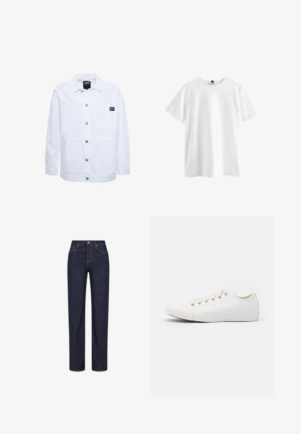 Dr.Denim INA WORKER - Let jakke / Sommerjakker - white; Simpel hvid kortærmet t-shirt med rund hals og sort mærke indeni kraven, vist fladt på en hvid baggrund.; Mørkeblå jeans med lige ben, forlommer, bæltestropper og en knaplukning i taljen.; Converse CHUCK TAYLOR ALL STAR - Sneakers - vintage white/light gold