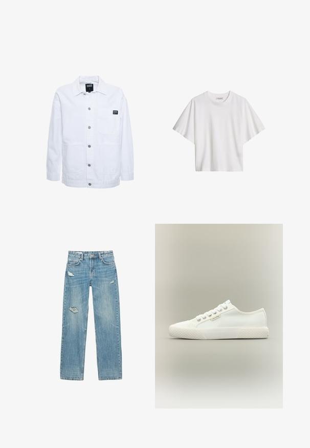 Dr.Denim INA WORKER - Let jakke / Sommerjakker - white; Hvid kortærmet løstsiddende bomulds T-shirt med rund halsudskæring og mærkeindvendigt i kraven.; Lyseblå, straight-leg jeans lavet af denim. Har sammensmeltede huller på fronten, falmede tekstur og fem lommer med metalhardware.; Hvid lavtopet lærreds-sneaker med tekstureret gummisål, hvide snørebånd og lille Calvin Klein-mærke på siden.
