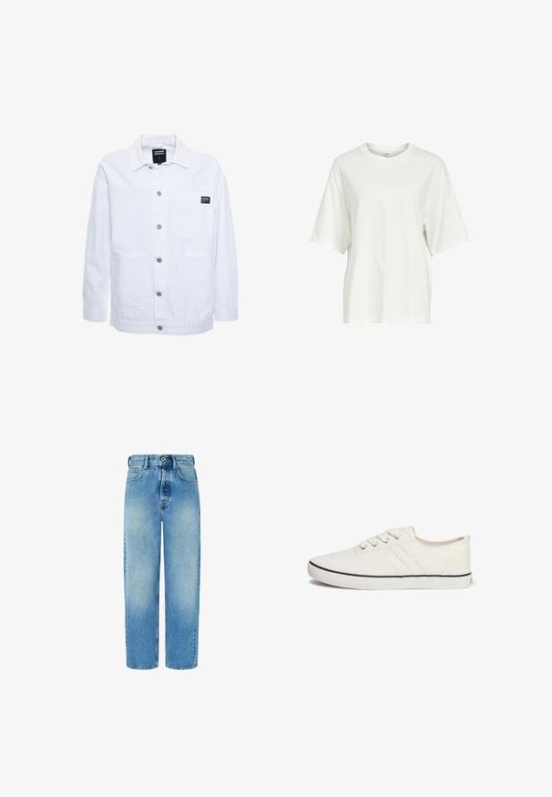 Dr.Denim INA WORKER - Chaqueta fina - white; Camiseta blanca lisa de manga corta y corte oversized con cuello redondo y una pequeña etiqueta en el interior del cuello.; Jeans de mezclilla de color azul claro con un diseño de pierna recta, cintura alta, bolsillos frontales y cierre de botón. Presentan un ligero decolorado y sin adornos.; Zapatillas de lona blancas con un diseño de perfil bajo, puntera redonda, seis ojales, franja de acento en navy y suela de goma texturizada.