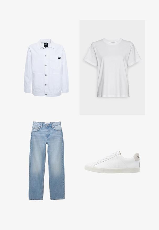 Dr.Denim INA WORKER - Let jakke / Sommerjakker - white; Hvid bomulds T-shirt med korte ærmer, rund hals og en afslappet pasform. Glat tekstur, uden mønstre eller grafik, enkel design.; Lyseblå denimbukser med lige ben, fem-pockets stil og synlige syninger. Stofmaterialet har en blød, let falmet tekstur.; Hvide lædersneakers med en struktureret off-white gummi sål. Funktioner inkluderer snørebånd, diskrete sømme og en grå ruskindsdetalje ved hælen.