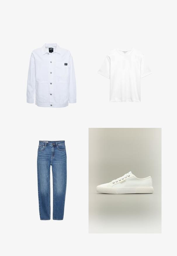 Dr.Denim INA WORKER - Let jakke / Sommerjakker - white; Simpel hvid kortærmet bomulds-T-shirt med rund hals, vist fladt mod hvid baggrund.; Blå denim jeans med lige ben design, fem-lomme stil og høj talje. Har let falmede områder og kontrasterende syning.; Hvid lavtopet lærreds-sneaker med tekstureret gummisål, hvide snørebånd og lille Calvin Klein-mærke på siden.