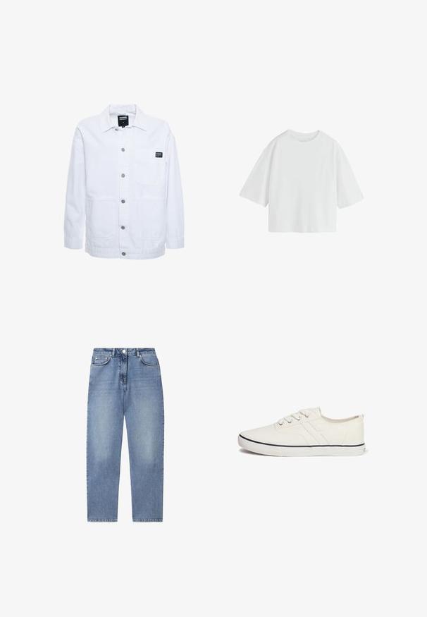 Dr.Denim INA WORKER - Lichte jas - white; Effen witte oversized T-shirt met korte mouwen, een ronde hals en een losse pasvorm.; Lichtblauwe jeans met hoge taille en rechte pijpen, met vooraanknoping, ritssluiting en ontwerp met vijf zakken op een witte achtergrond.; Witte canvas sneakers met een laag profiel, ronde neus, zes oogjes, marineblauwe accentstreep en een gestructureerde rubberen zool.