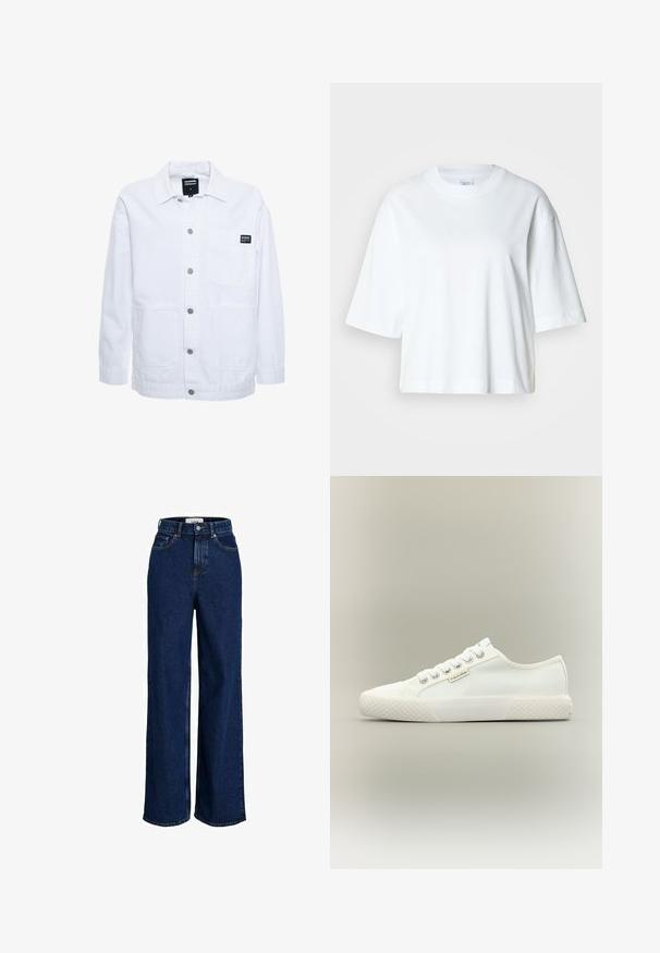 Dr.Denim INA WORKER - Veste légère - white; T-shirt blanc court à manches courtes, col rond, en coton doux, avec un design simple et épuré.; Jean large taille haute bleu foncé avec poches avant, passants pour ceinture, fermeture par bouton et détails de coutures visibles.; Baskets basses blanches en toile avec semelle en caoutchouc texturée, lacets blancs et petite étiquette Calvin Klein sur le côté.