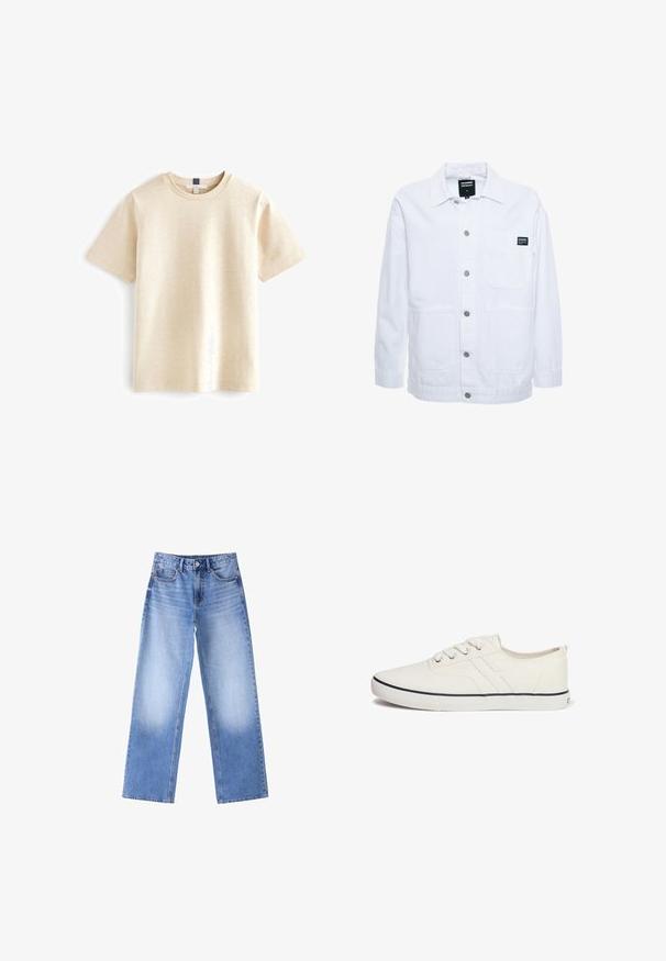 Dr.Denim INA WORKER - Leichte Jacke - white; Beige T-Shirt mit kurzen Ärmeln aus weicher Baumwolle, mit einem runden Ausschnitt und einem entspannten Schnitt mit subtiler Textur.; Blaue Jeans mit hoher Taille, weiten geraden Beinen und ausgebleichten Bereichen an den Oberschenkeln, vorne mit Knöpfen und Taschen auf weißem Hintergrund.; Weiße Leinenschuhe mit einem flachen Design, runder Zehenpartie, sechs Ösen, marineblauem Akzentstreifen und strukturiertem Gummisohlen.
