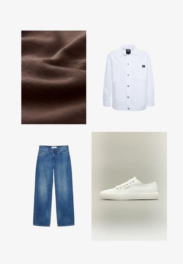 Dr.Denim INA WORKER - Let jakke / Sommerjakker - white; Nærbillede af blødt, brunt strikket stof med synlig tekstur og blide folder, der skaber lys- og skyggevariationer.; Blå vidde jeans med forlommer, bæltestropper, knaplukning og diskret falmet detalje på lår og knæ.; Hvid lavtopet lærreds-sneaker med tekstureret gummisål, hvide snørebånd og lille Calvin Klein-mærke på siden.