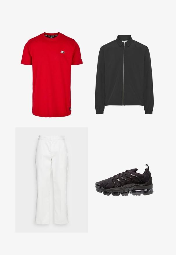 Chaqueta ligera negra con cuello tipo camisa, cierre de cremallera completo y puños elásticos. Textura suave y sin patrones o acentos visibles.; Camisa de algodón roja con cuello redondo, mangas cortas y un pequeño logo negro en el lado izquierdo del pecho y en la manga. Tejido de color sólido y suave.; Pantalones de algodón blancos con un diseño de pierna recta, presillas para el cinturón y bolsillos laterales, con una textura suave y un detalle mínimo.; Zapatillas deportivas negras con una parte superior de tela texturizada, acentos brillantes y una suela prominente con amortiguación de aire. Presenta elementos de diseño en forma de onda distintivos.