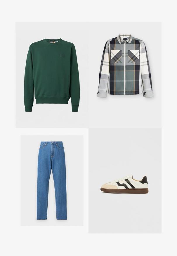 Chemise zippée à manches longues avec un grand motif à carreaux multicolores en vert, noir, gris, blanc et beige, avec deux poches poitrine à l'avant et un col.; Sweat-shirt vert foncé à col rond avec poignets et ourlet côtelés, orné d'un petit patch logo Timberland sur la poitrine gauche.; Jean bleu droit taille haute avec poches avant, passants pour ceinture, fermeture par bouton, et couture orange visible sur fond gris clair.; Baskets en cuir blanc avec bandes noires et embout en daim beige. Semelle en caoutchouc brun foncé. Lacets et col rembourré complètent le design.