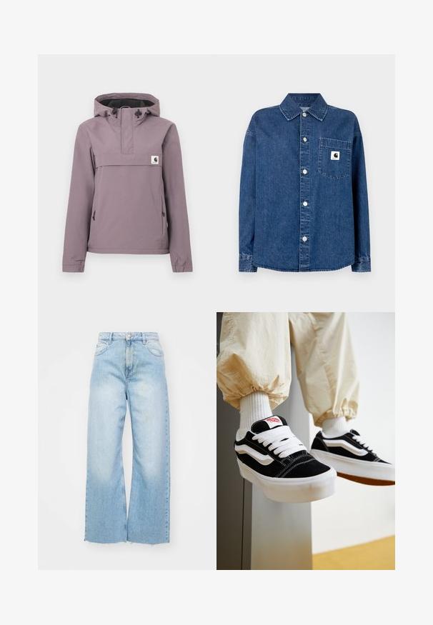 Lichtpaarse anorak met capuchon, voorzak, trekkoord en elastische manchetten. Gemaakt van een glad, waterdicht materiaal.; Donkere blauwe denim blouse met knoopsluiting aan de voorkant, puntkraag, lange mouwen en een borstzak met een logopatch. Gladde textuur.; Lichtblauwe wijde spijkerbroeken van denim, met een hoge taille, vervaagde details, een knoopsluiting en een ruwe zoom aan de onderkant.; Persoon die zwart-witte Vans sneakers draagt met witte veters, witte sokken en beige broek met elastische manchetten.