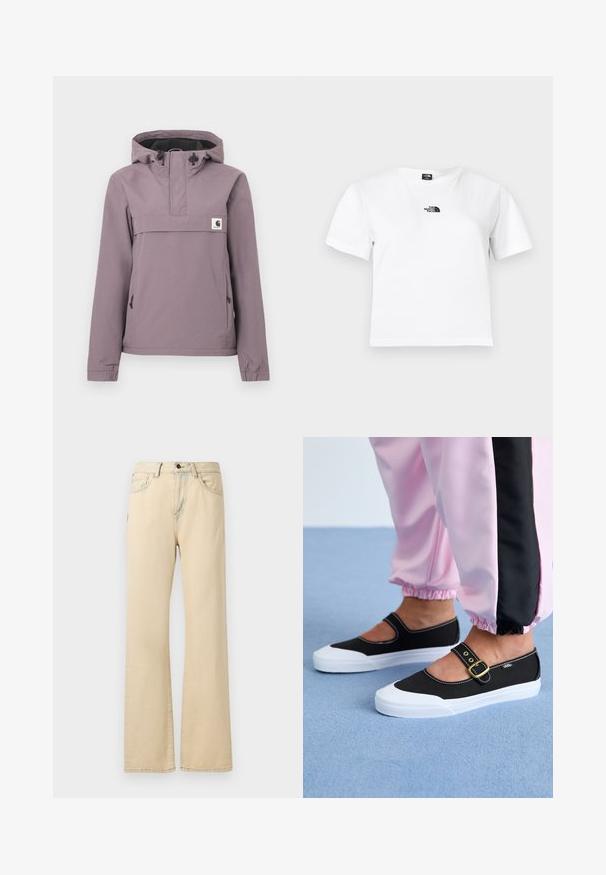 Hellviolette Anorak-Jacke mit Kapuze, Fronttasche, Kordelzug und elastischen Bündchen. Hergestellt aus einem glatten, wasserdichten Material.; Weißes Baumwoll-T-Shirt mit kurzen Ärmeln, einem Rundhalsausschnitt und einem schwarzen The North Face-Logo auf der Brust. Einfaches, schmuckloses Design.; Beige weite Jeans aus Denim-Stoff, mit hoher Taille, vorderen Taschen, einem Knopfverschluss und kontrastierenden Nähten.; Schwarze Leinenschuhe mit einer weißen Sohle, die ein Ausschnittdesign und einen goldenen Schnallenriegel aufweisen. Getragen mit rosa Sporthosen.