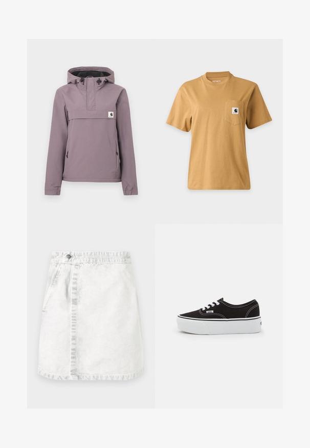Lichtpaarse anorak met capuchon, voorzak, trekkoord en elastische manchetten. Gemaakt van een glad, waterdicht materiaal.; Effen bruine T-shirt met korte mouwen en een borstzakje met een vierkante merklogo-patch, getoond op een effen lichte achtergrond.; Denimrok in lichtgrijs. A-lijn ontwerp met voorzakken, een zichtbare naad in het midden en een enkele metalen knop op de tailleband.; Zwarte canvas sneaker met een witte rubberen platformzool, voorzien van witte veters en stiksels, iconische branding op de zijkant, low-top ontwerp.