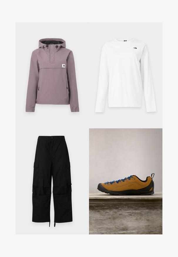 Lichtpaarse anorak met capuchon, voorzak, trekkoord en elastische manchetten. Gemaakt van een glad, waterdicht materiaal.; Wit shirt met lange mouwen en ronde hals met klein zwart The North Face-logo op de linkerborst.; Zwarte cargobroek met elastische tailleband, knoopsluiting, zijflappzakken en brede rechte pijpen met verstelbare zoom.; Bruine suède outdoor schoen met blauwe veters, zwarte rubberen zool en een slank ontwerp. Beschikt over een trek lus aan de achterkant voor gemakkelijk aantrekken.
