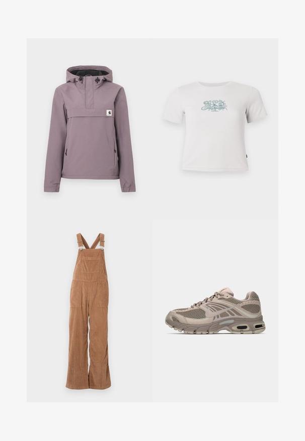 Hellviolette Anorak-Jacke mit Kapuze, Fronttasche, Kordelzug und elastischen Bündchen. Hergestellt aus einem glatten, wasserdichten Material.; Kurzes, weißes, geripptes T-Shirt mit kurzen Ärmeln und einem kleinen grünen Blumenmotiv in der Mitte der Brust.; Braune Corduroy-Latzhosen mit weitem Bein, verstellbaren Trägern und Vordertasche. Weiche Textur mit vertikalem Rippmuster.; Beige Sportschuh mit Mesh-Obermaterial, geformten Akzenten, runder Zehenpartie und sichtbarer Luftpolsterung in der Sohle. Schnürsenkel in neutralem Farbton.