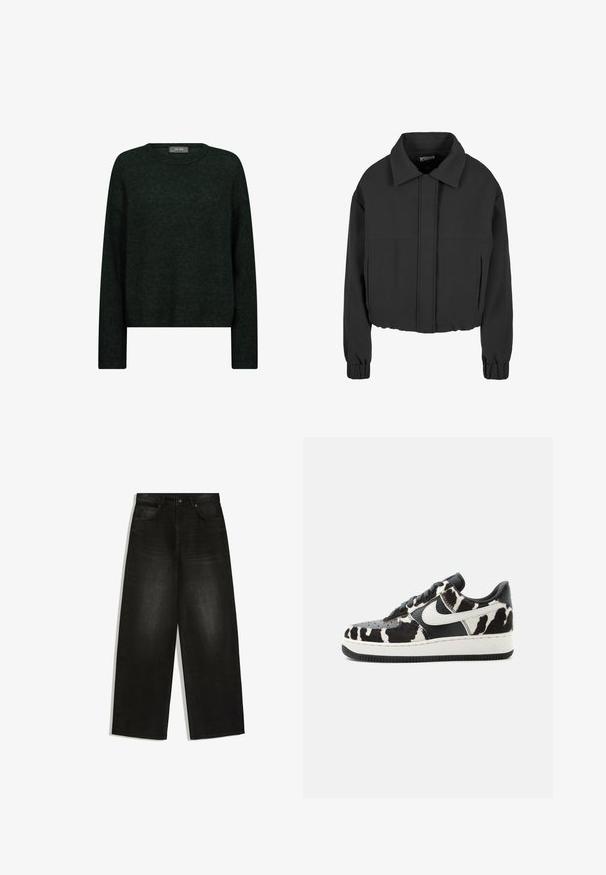 Sort, kort jakke med lange ærmer, elastiske manchetter, bred krave, skjult frontlynlås og to sidelommer.; Mørkegrøn sweater med rund halsudskæring, lange ærmer og en afslappet pasform. Fremstillet af tekstureret stof med subtile tonale mønstre.; Sorte jeans med vide ben, frontknap og lynlås, bæltestropper og to forlommer på hvid baggrund.; Nike Air Force 1 lavtop sneaker med sort og hvid ko-print, hvid Nike swoosh, sorte snørebånd og hvid sål.